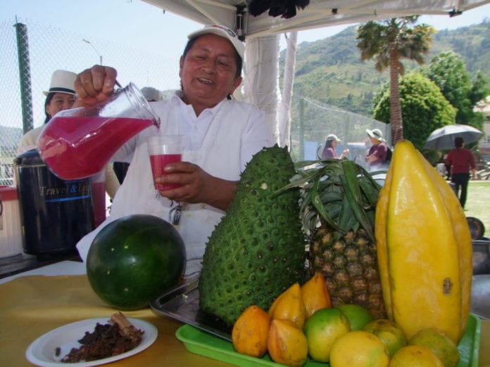 Participante entusiasta de una de las recientes ferias, Rosa Inga sirve su tradicional yaguana a los clientes, mientras exhibe las frutas que son su materia prima.(AZD)_(I)
