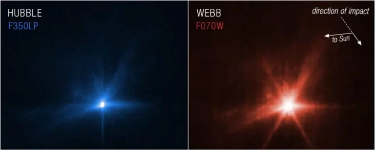 El impacto de la sonda DART contra el asteroide Dimorpho visto desde los telescopios Hubble y Webb