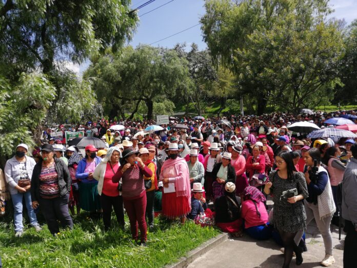 Centenares de afiliados al Seguro Social Campesino de Azuay, marcharon ayer por las calles de Cuenca exigiendo el abastecimiento de medicinas. / FCS