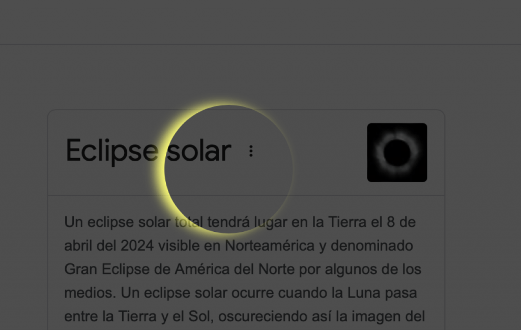 Animación en el buscador de Google sobre el eclipse solar del 8 de abril de 2024.