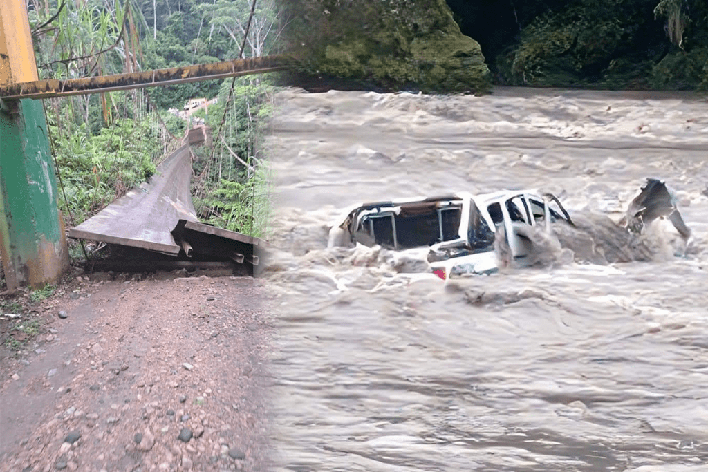 Tres personas fueron arrastradas por la corriente del río Upano, despúes de que un vehículo cayera al río tras el colpaso de un puente. Foto ECU911
