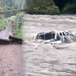 Tres personas fueron arrastradas por la corriente del río Upano, despúes de que un vehículo cayera al río tras el colpaso de un puente. Foto ECU911