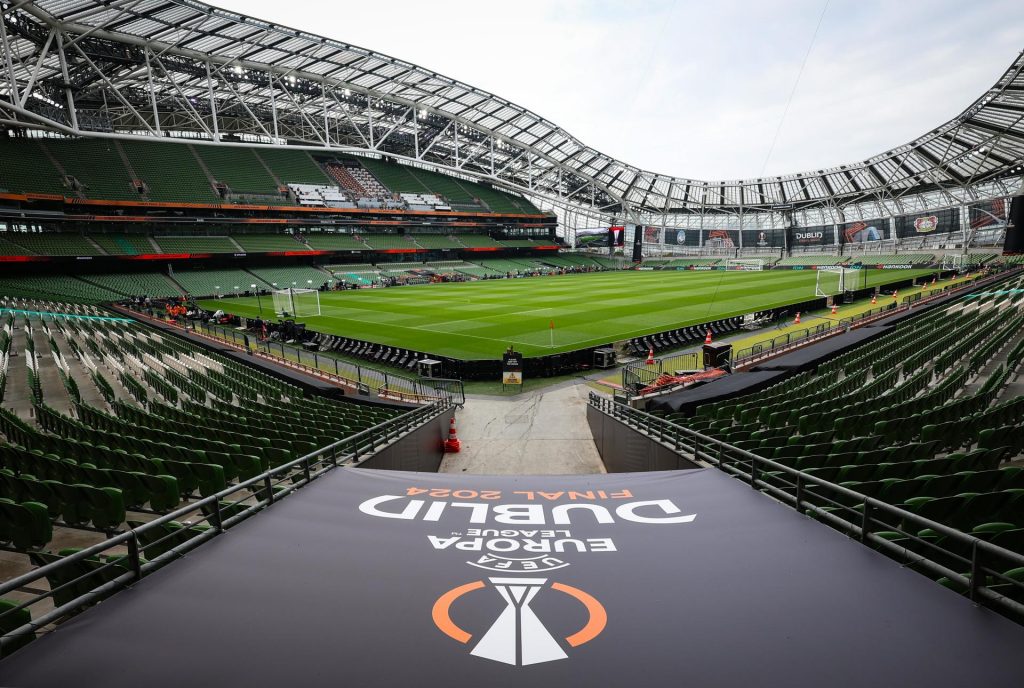 Vista general del Estadio Aviva, en Dublín, Irlanda, en vísperas del partido final de la Europea League de la UEFA entre el Atalanta y el Bayer Leverkusen. /EFE