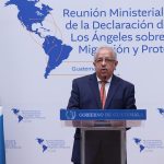 El ministro de Relaciones Exteriores, Carlos Martínez, participa en una rueda prensa en el marco de la Reunión Ministerial de la Declaración de Los Ángeles sobre Migración y Protección este martes, en la ciudad de Guatemala (Guatemala). EFE