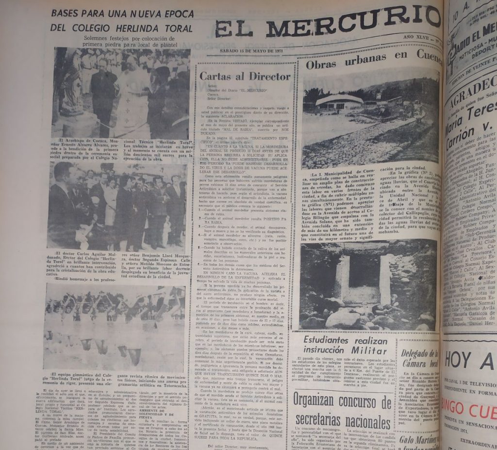Edición del sábado 15 de mayo de 1971, que recoge la colocación de la primera piedra para la construcción del local propio del establecimiento Herlinda Toral. A