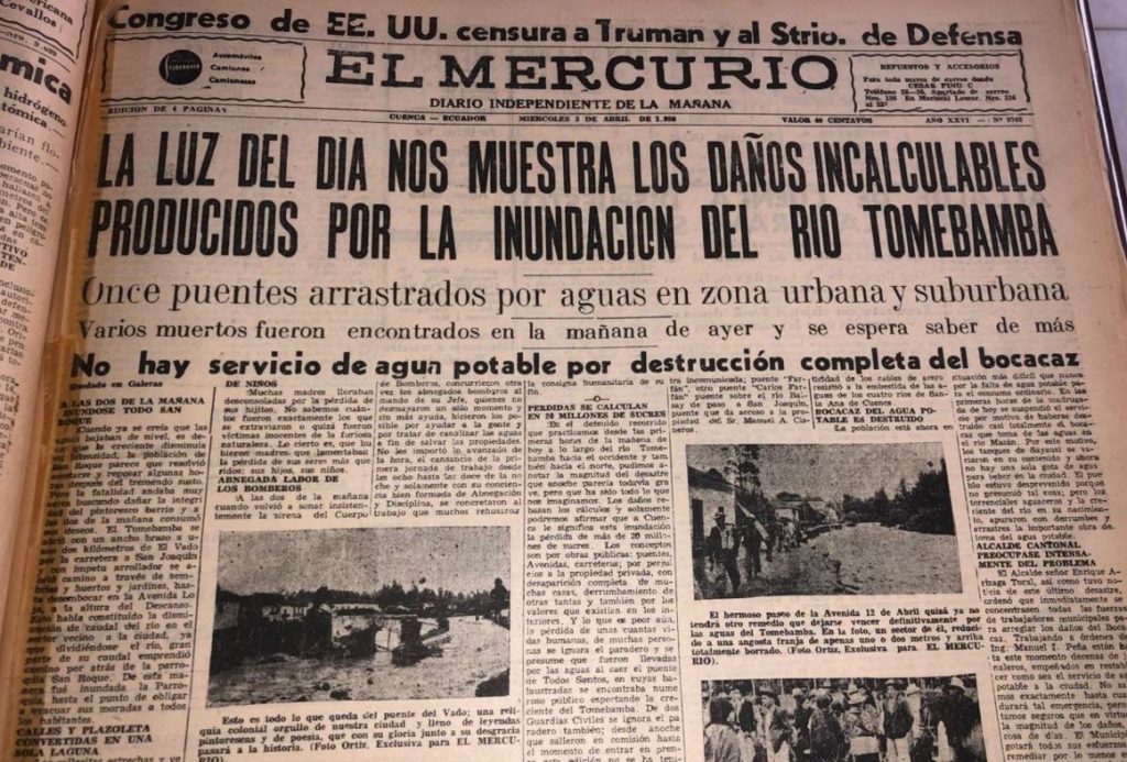 Portada de El Mercurio de la edición del 5 de abril de 1950, en la que informa sobre las consecuencias de la creciente del Tomebamba.