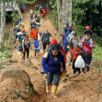 Grupos de migrantes caminan por la selva del Darién.