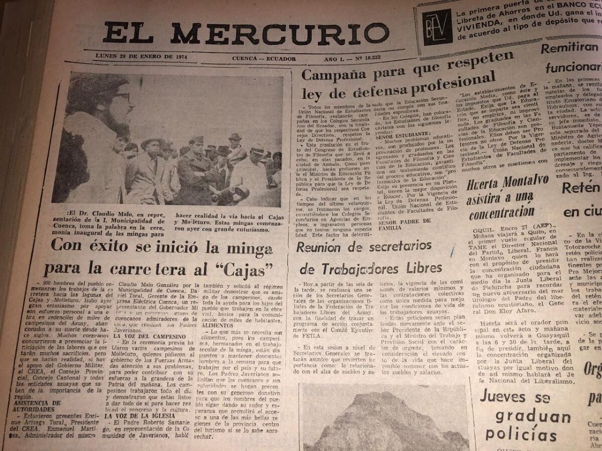 Diario El Mercurio publicó en su edición de enero de 1974, el inicio de la construcción de la carretera al Cajas.