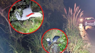 Personal del Cuerpo de Bomberos de Paute encontró vestigios de lo que aparentarían ser restos de un automotor. /Fotos ECU 911