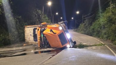 Un camión volcó en el kilómetro 58 de la vía Cuenca – Molleturo – El Empalme, cerca de el Cajas. /Foto Bomberos Cuenca.
