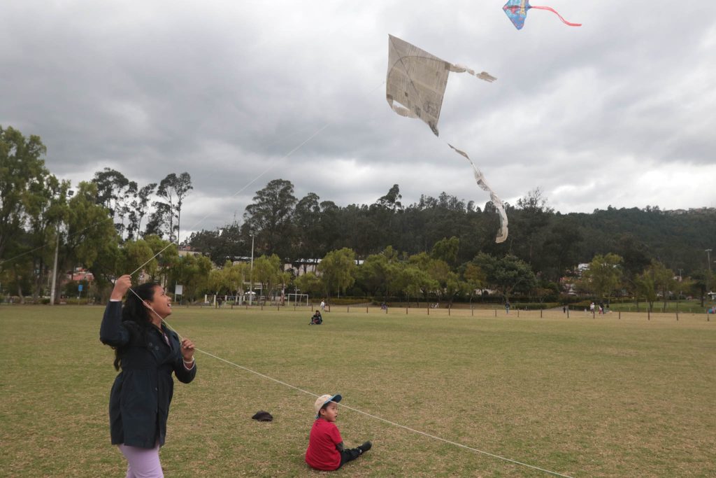Noelia Rodríguez hace volar una cometa en el parque El Paraíso.