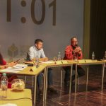 Diana Quinde, Patricio Zamora, Bolívar Ávila y Jhoana Cruz, en el orden del sorteo de intervención durante el debate en el Teatro Casa de la Cultura.