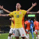 James Rodríguez celebra gol con Colombia. Foto: Colombia