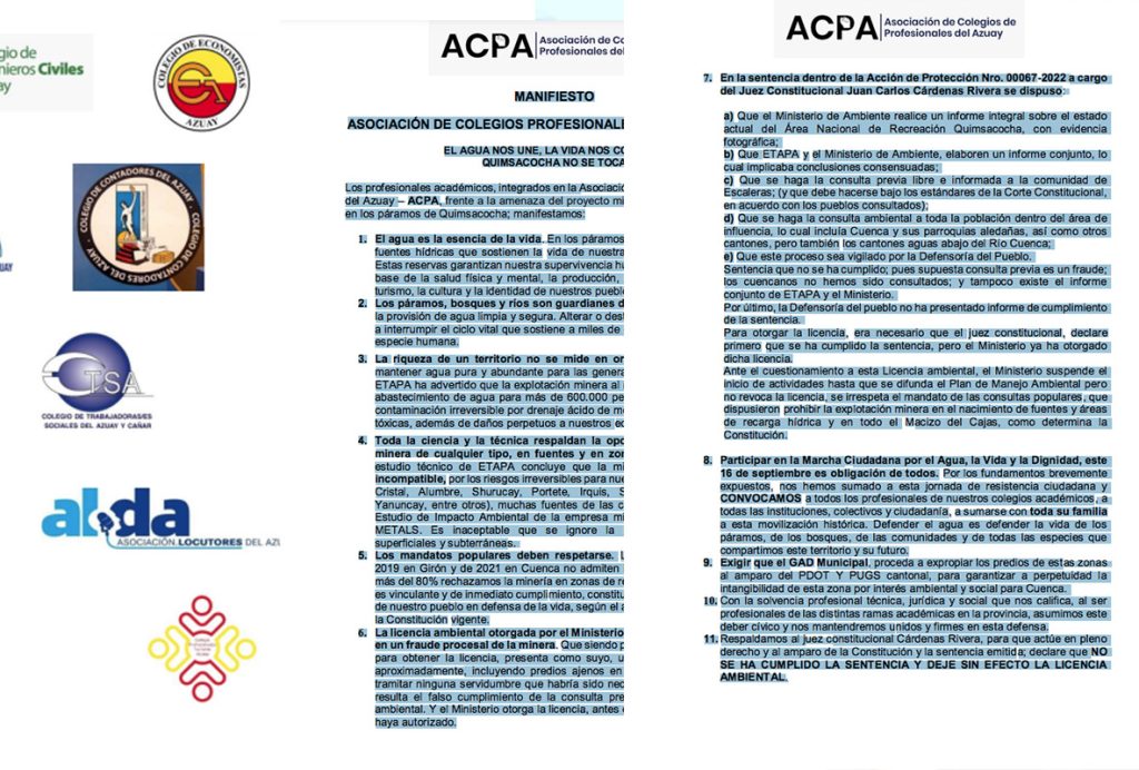 La Asociación de Colegios Profesionales del Azuay se pronunció sobre Loma Larga. /Cortesía