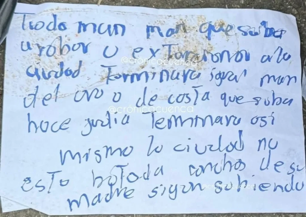 Mensaje de advertencia en los cadáveres hallados en Jaivier Loyala, en Azogues. Crónica Cuenca.