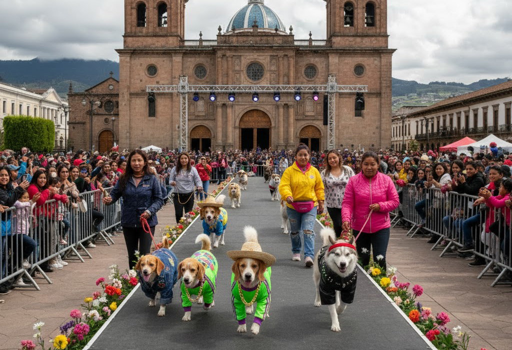 Una pasarela retro de perritos se prevé en Casa San José de Cuenca para cerrar el feriado. /Foto generada con IA