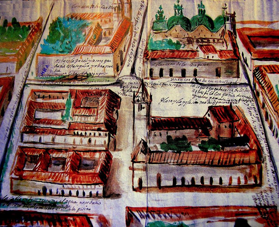 Plano de Cuenca de 1729 hecho por Manuel Núñez
de la Cruz, donde se observa la antigua iglesia de La Compañía de
Jesús y los canales de agua. 