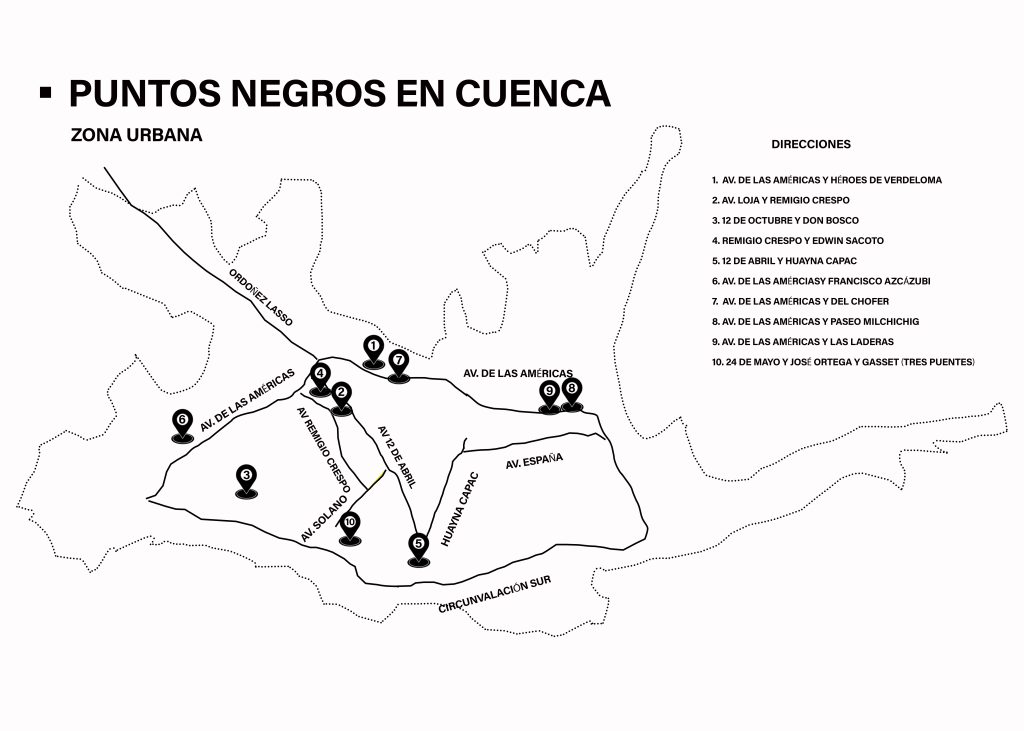 Puntos críticos de mayor accidentabilidad en Cuenca, según datos de la EMOV.