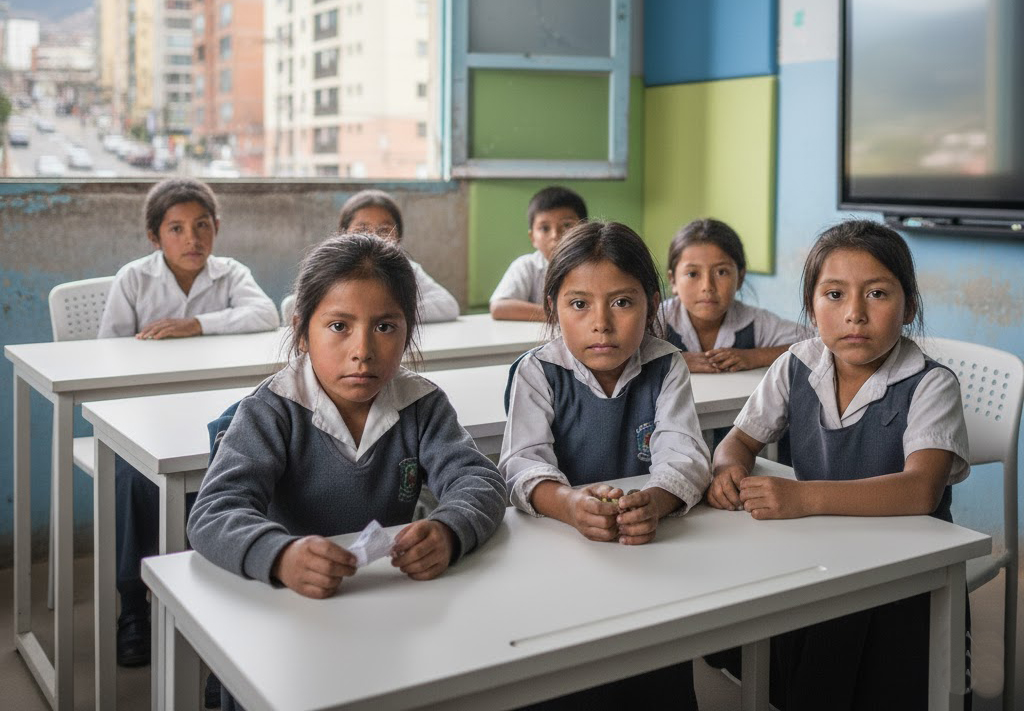 Escuelas fiscales de Cuenca no reciben aún los útiles escolares por parte del Ministerio de Educación. /Fotos generada con IA