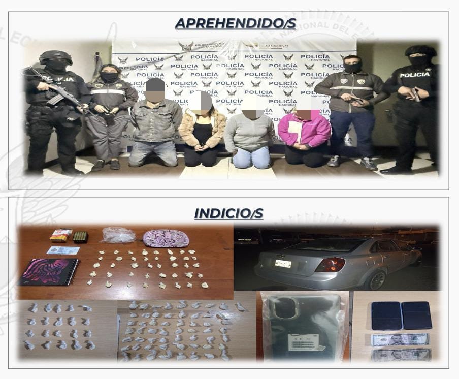 Fotografía de los detenidos y de las pruebas encontradas por la Policía Nacional. Foto: PN