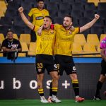 Miguel Parrales y Octavio Rivero celebran gol de Barcelona en LigaPro. Foto: Barcelona SC