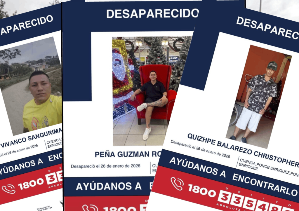 Tres hombres desaparecidos en Camilo Ponce Enríquez, en Azuay. Iban en un vehículo marca Toyota Tercel, de color rosado,