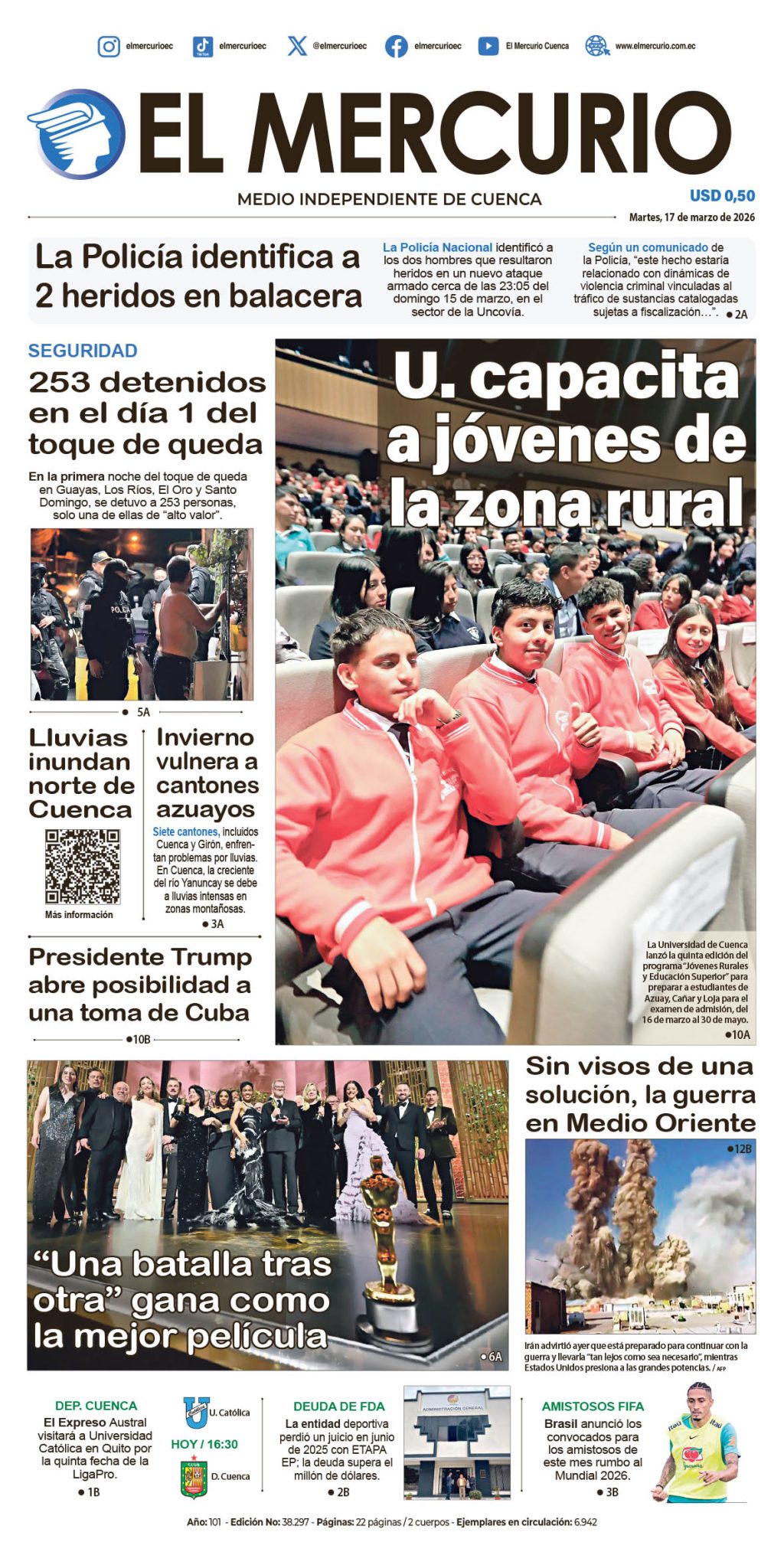 Portada del 17 de marzo de 2026 - Diario El Mercurio