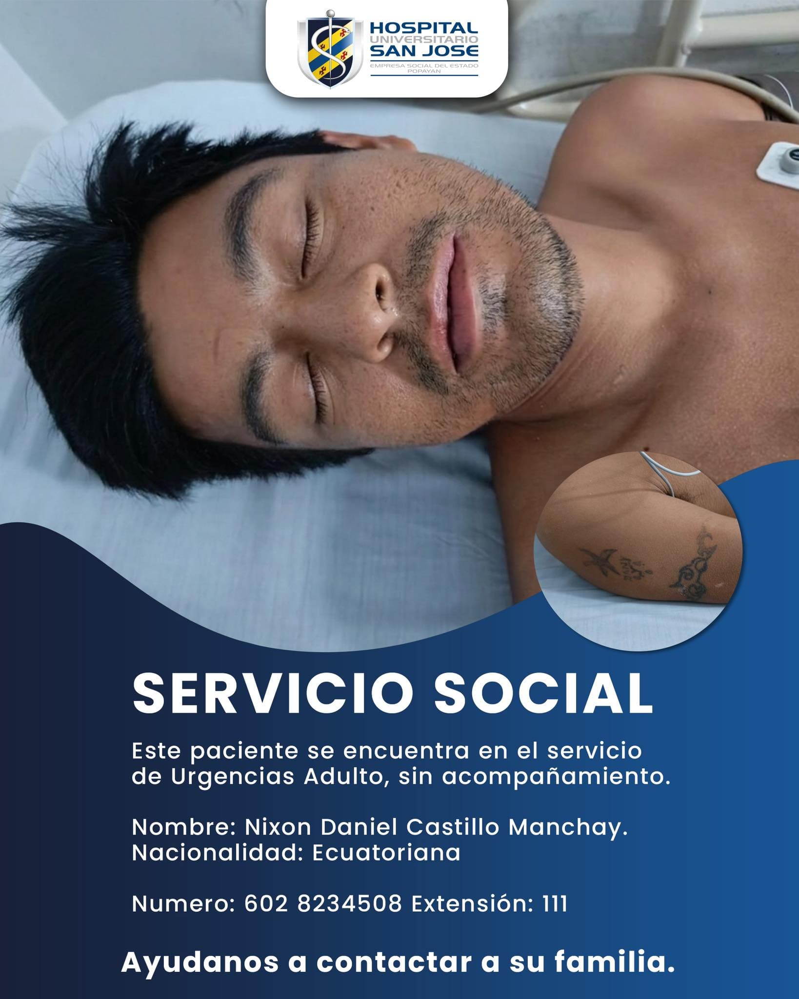 En hospital de Colombia buscan a familia de un migrante ecuatoriano. Es de Francisco de Orellana.