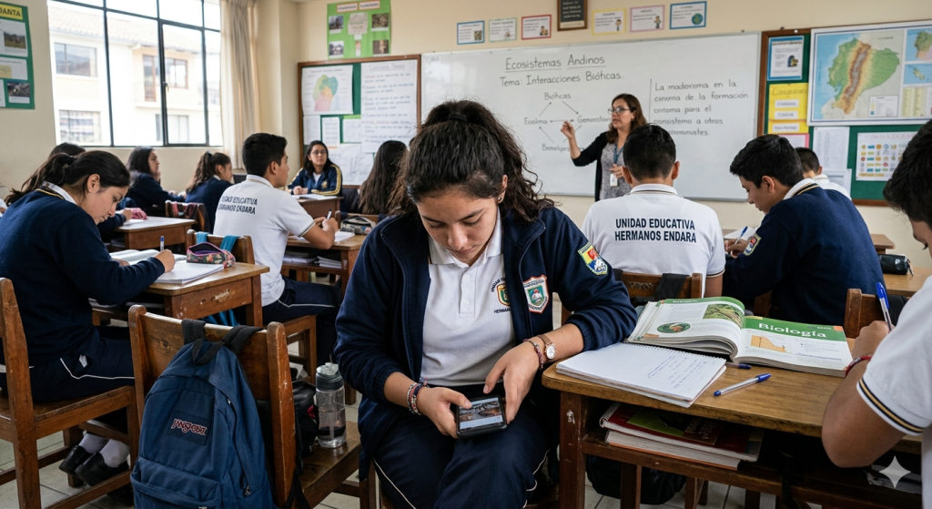 El uso de celulares no está permitido en las aulas de Ecuador, salvo excepciones. Foto creada con IA
