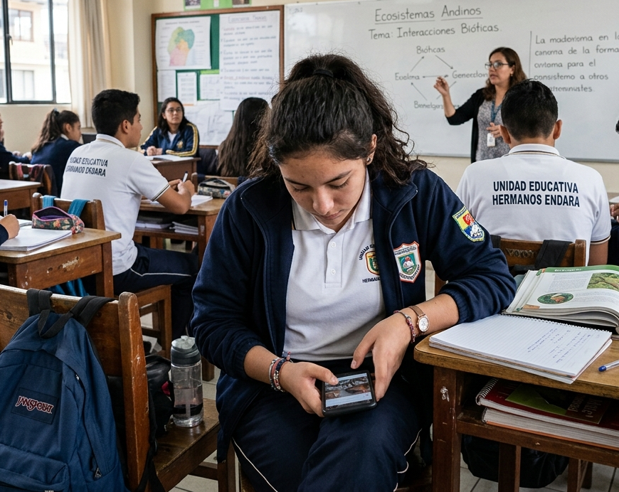 El uso de celulares no está permitido en las aulas de Ecuador, salvo excepciones. Foto creada con IA