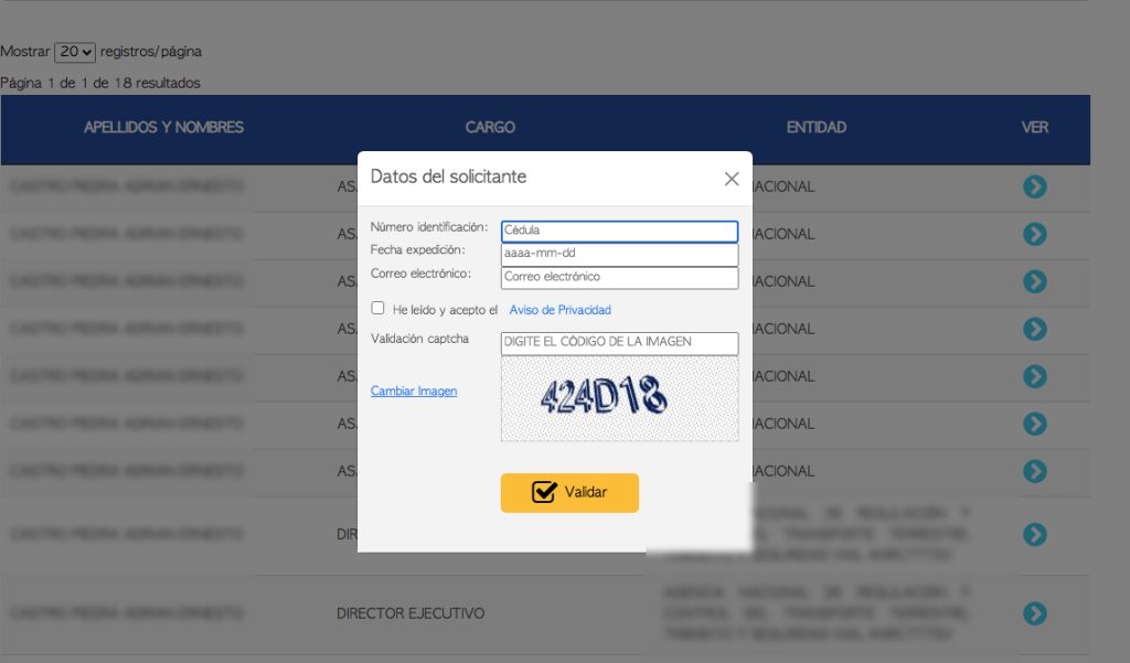 Captura de la información que ahora solicita la Contraloría General del Estado para permitir el acceso a información pública. /Captura de pantalla