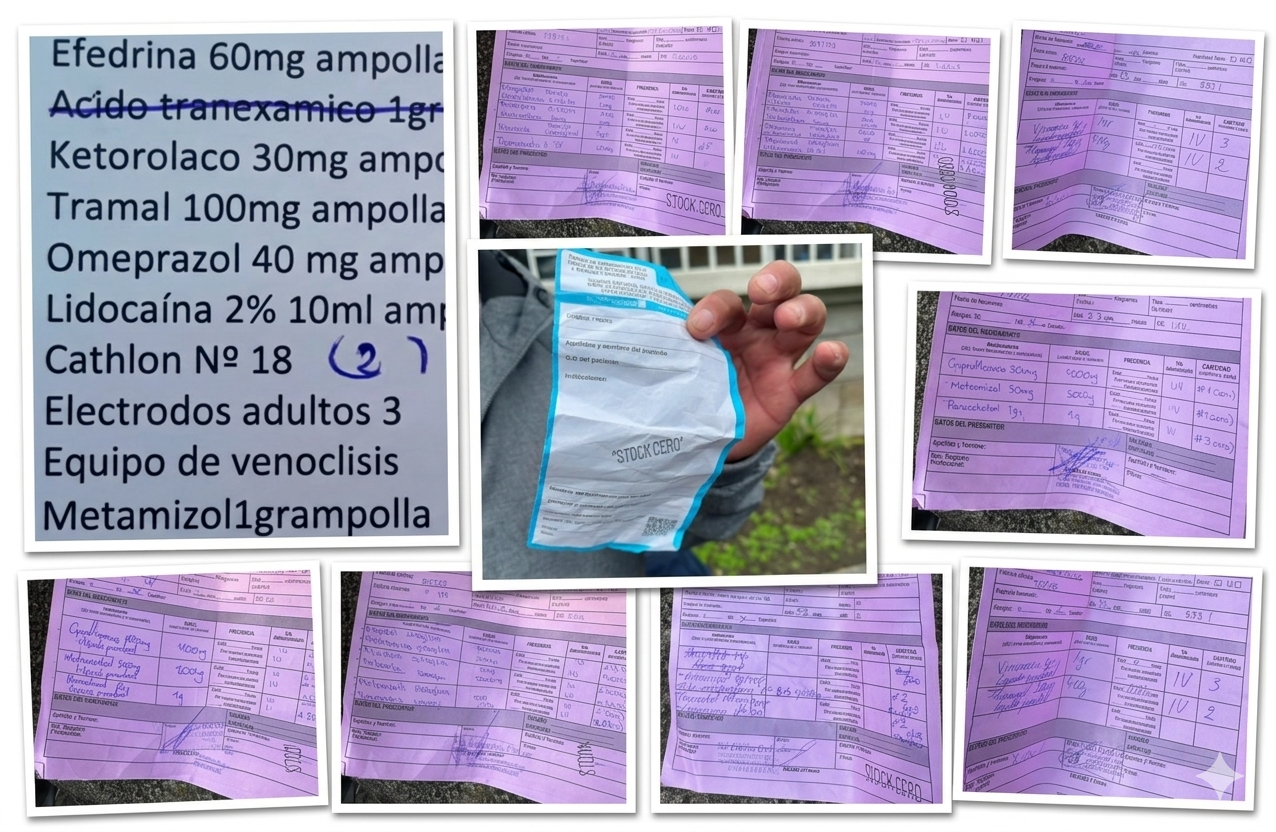 Collage de las recetas que se solicitan en los hospitales de Cuenca. Los familiares de los pacientes tienen que cubrirlas, muchas veces, con los recursos que no se tienen. Fotos y collage: El Mercurio