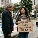 Pacientes de enfermedades raras como la esclerosis múltiple reclaman para que se asegure la adquisición de medicamentos en hospital del Seguro Social. /Foto generada con IA