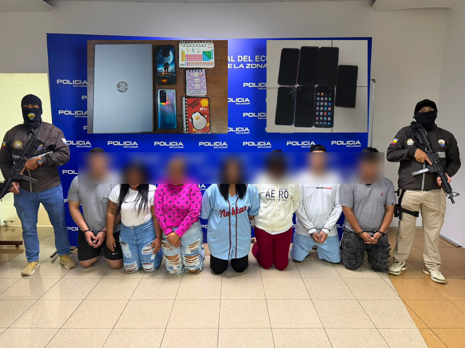 Libreas, celulares, laptops, chalecos balísticos y otros elementos fueron incautados durante la operación con la que se detuvo a los 10 presuntos extorsionadores. /Cortesía