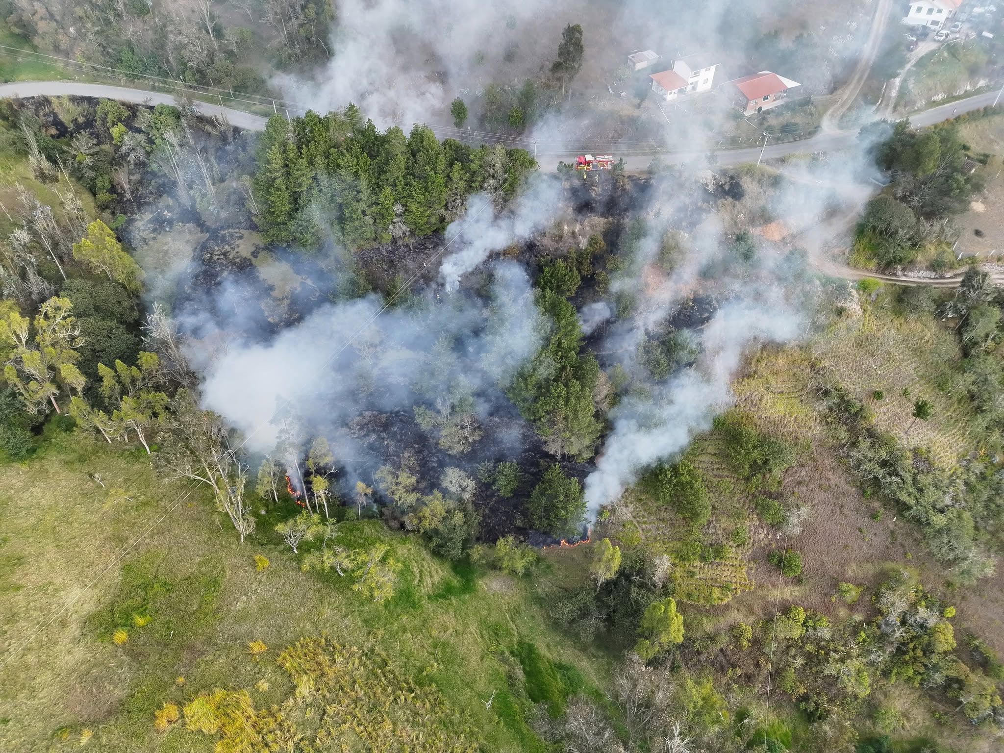 Personal del Cuerpo de Bomberos de Paute combate un incendio forestal en algún punto del cantón. /Cortesía