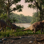 Foto referencial del dinosaurio sauropodo titanosaurio cuyos restos se hallaron en una comunidad de Napo, según un grupo de científicos. /Foto generada con IA