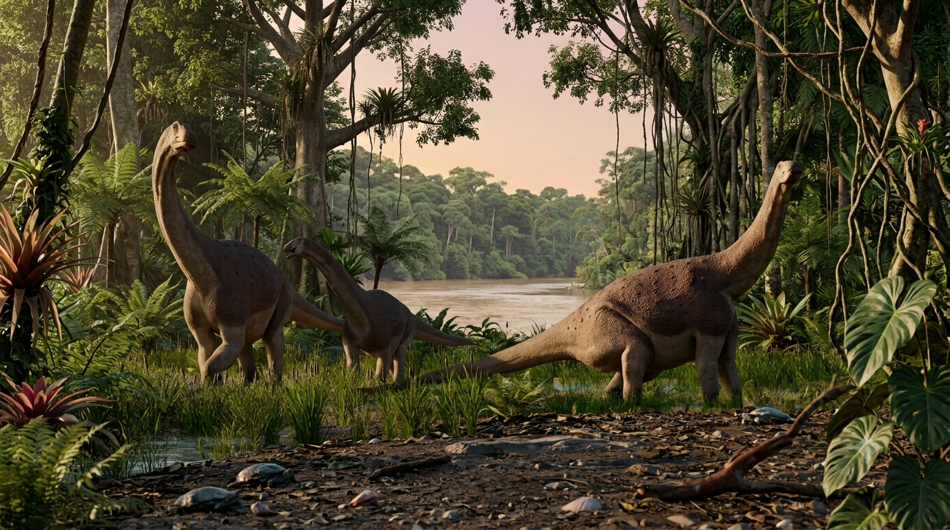 Foto referencial del dinosaurio sauropodo titanosaurio cuyos restos se hallaron en una comunidad de Napo, según un grupo de científicos. /Foto generada con IA