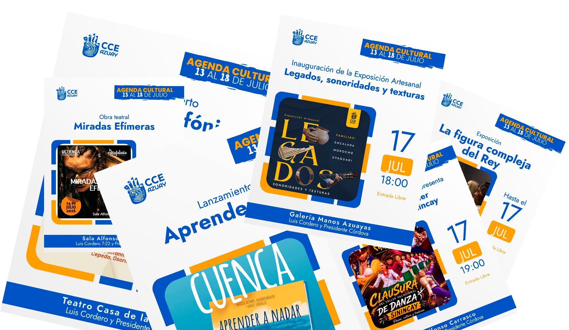 Afiches de los distintos eventos que conforman la agenda cultura de la Casa de la Cultura Núcleo del Azuay.