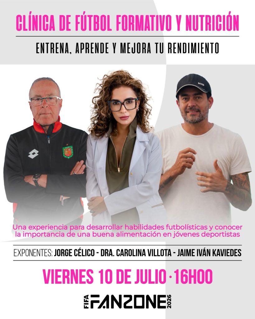 Jorge Célico, la Dra. Carolina Villota y al exseleccionado ecuatoriano Jaime Iván Kaviedes para compartir conocimientos sobre formación deportiva y alimentación. Foto: Cortesía