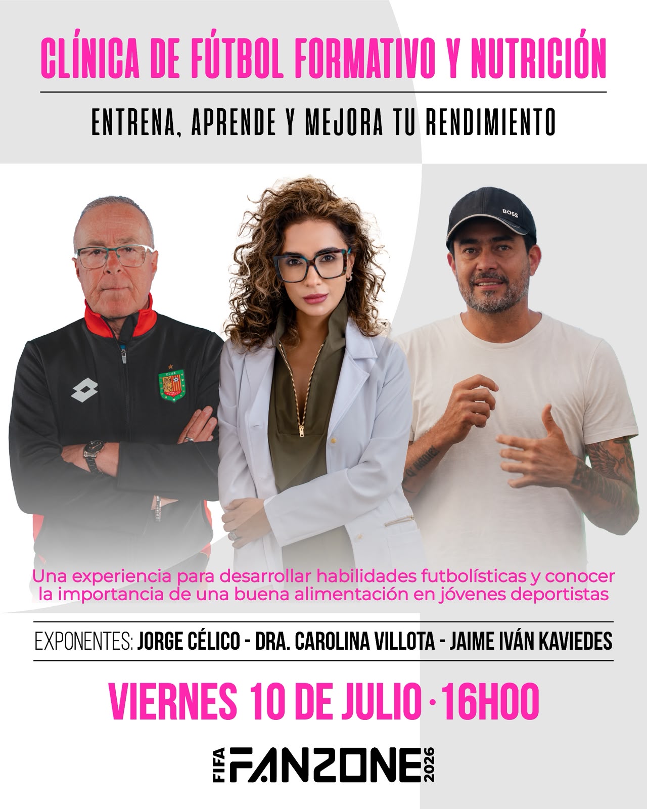 Jorge Célico, la Dra. Carolina Villota y al exseleccionado ecuatoriano Jaime Iván Kaviedes para compartir conocimientos sobre formación deportiva y alimentación. Foto: Cortesía