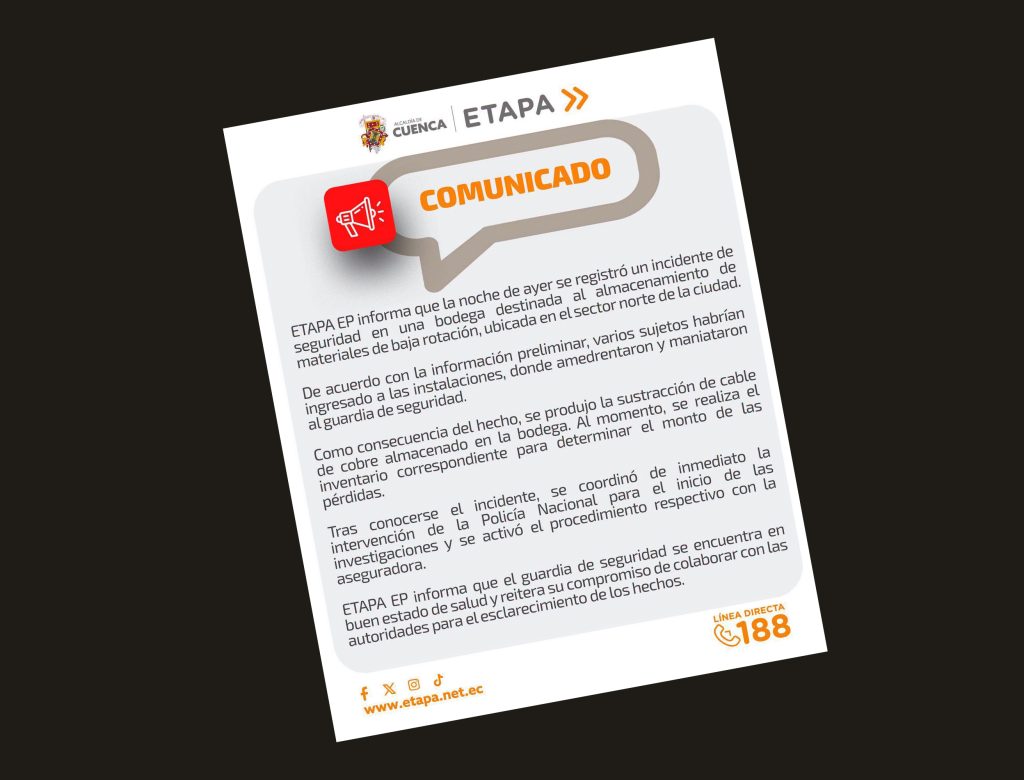 ETAPA informó sobre el robo en un comunicado. Foto: ETAPA EP