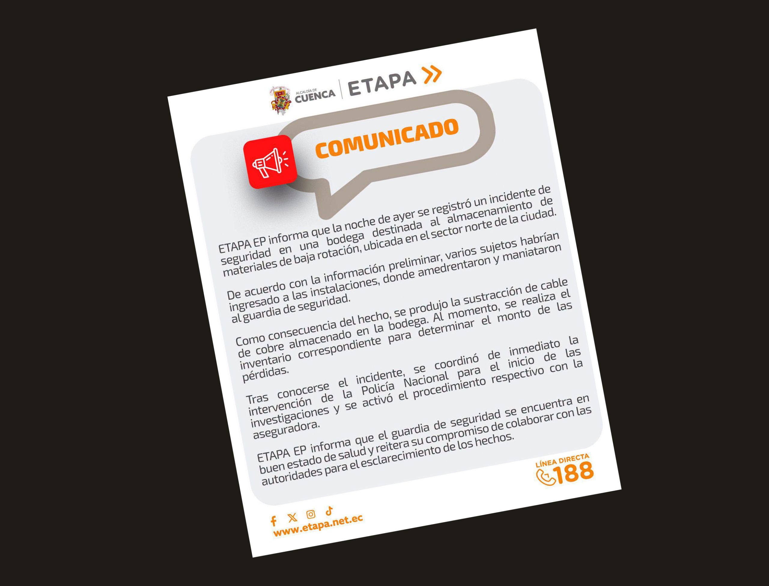 ETAPA informó sobre el robo en un comunicado. Foto: ETAPA EP