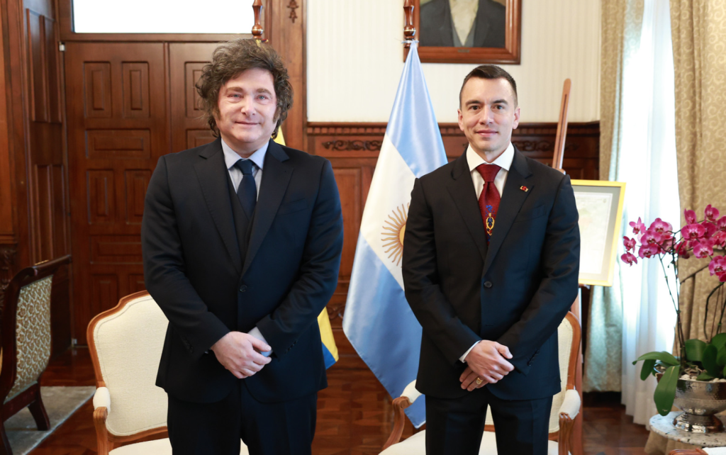 Daniel Noboa y Javier Milei se reúnen en el Palacio de Gobierno, en Quito. /Foto Presidencia