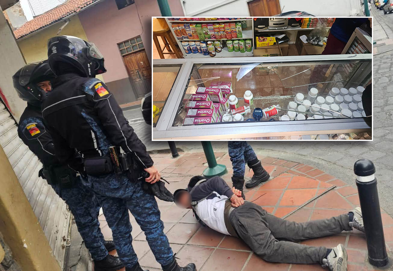 Un sujeto que agredió al dueño de un negocio y rompió el vidrio de una vitrina, fue aprehendido para investigaciones. / Cortesía