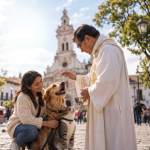 La bendición de mascotas en Cuenca este 2026 tendrá lugar en la iglesia de San Francisco. /Foto referencial generada con la IA Gemini
