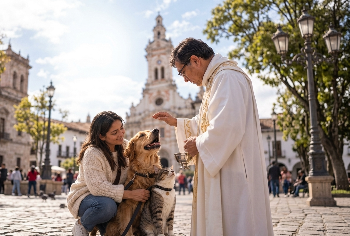 La bendición de mascotas en Cuenca este 2026 tendrá lugar en la iglesia de San Francisco. /Foto referencial generada con la IA Gemini