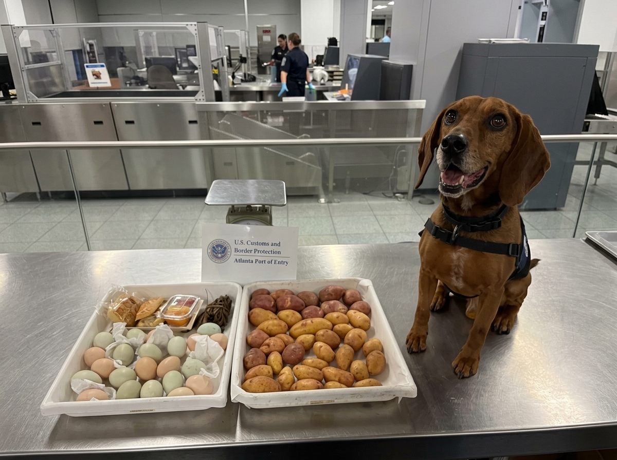 Huevos y otros productos alimenticios provenientes de Ecuador fueron detectados por un perro de CBP en un aeropuerto de Estados Unidos.