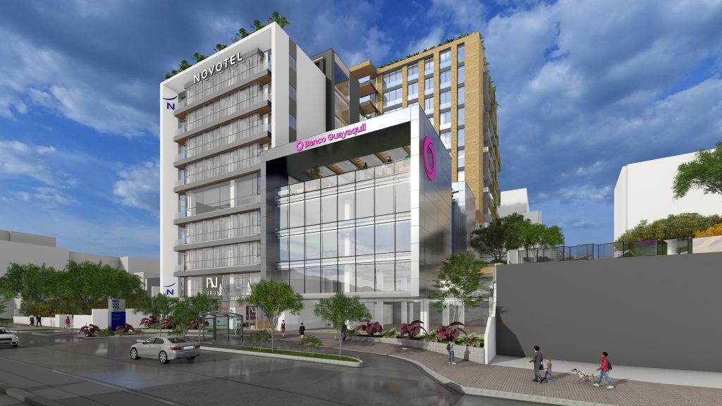 Imagen referencial de cómo se espera que sea el complejo urbano en Cuenca que tendrá como centro la nueva matriz del Banco Guayaquil. /Cortesía EJEPROY