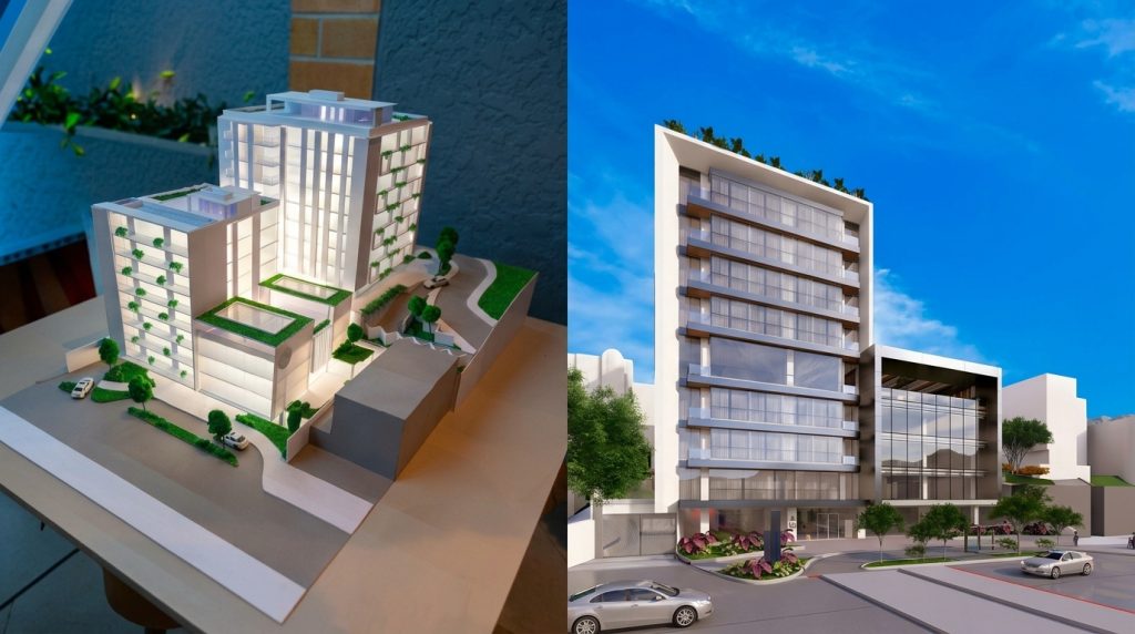 Imagen referencial de cómo se espera que sea el complejo urbano en Cuenca que tendrá como centro la nueva matriz del Banco Guayaquil. /Cortesía