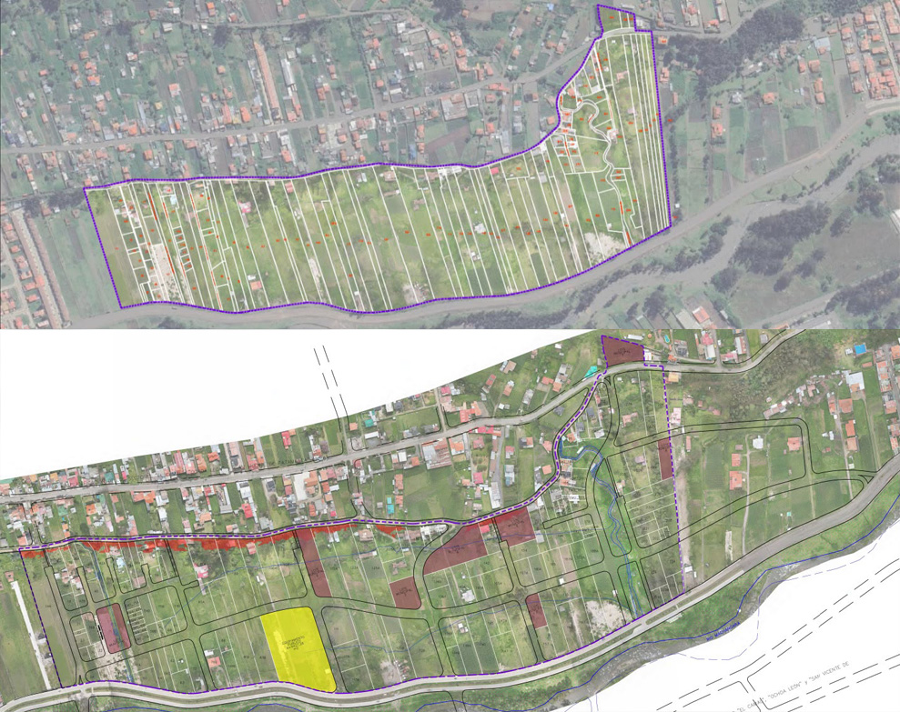 Comparación de cómo es y cómo quedaría distribuido el polígono de 25 hectáreas en el sector Los Ángeles, parroquia Machángara, al norte de Cuenca. /Cortesía